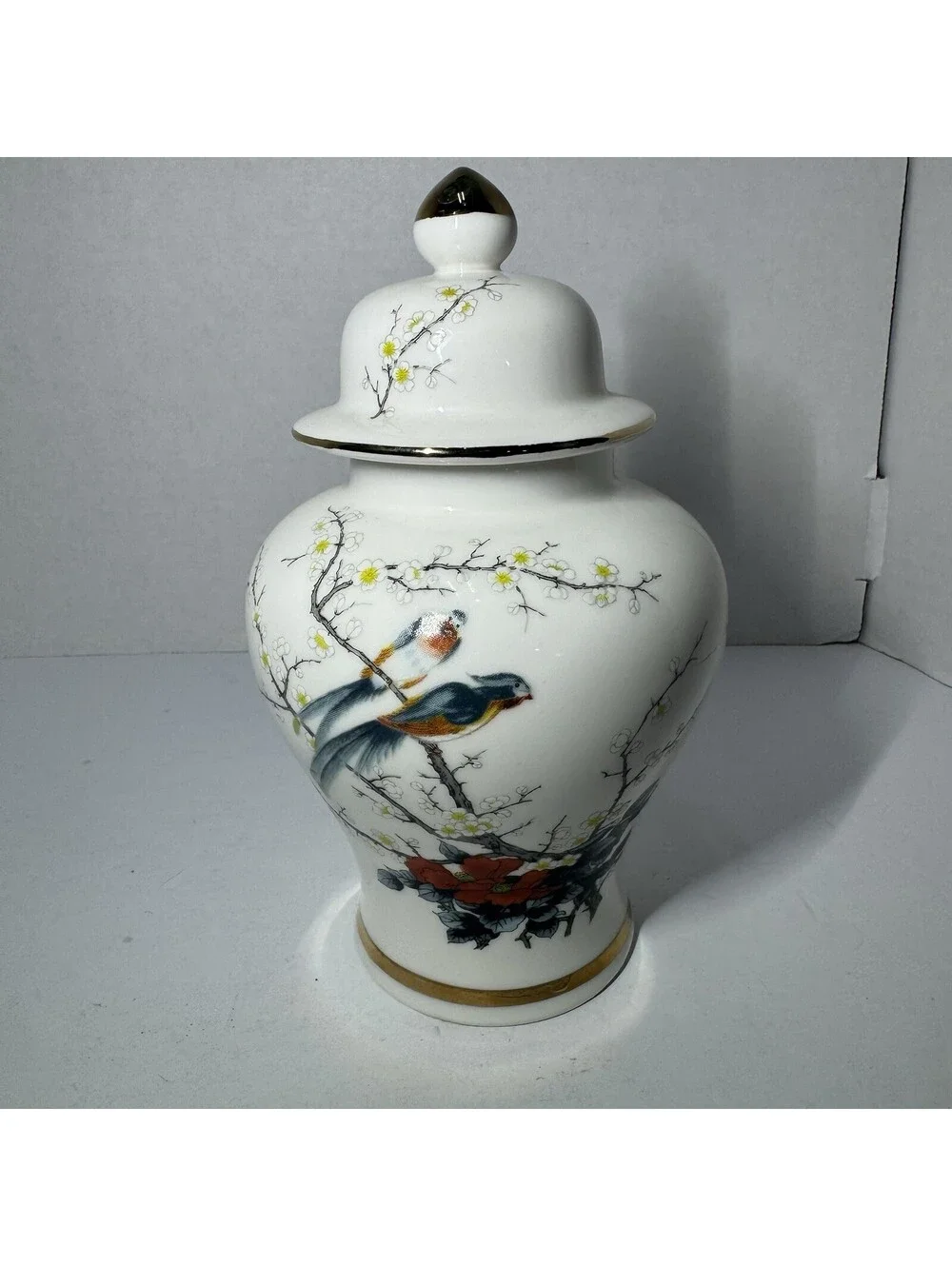 Vintage Jay Fine China Lidded Ginger Jar with Bird and Cherry Blossom Made Japan